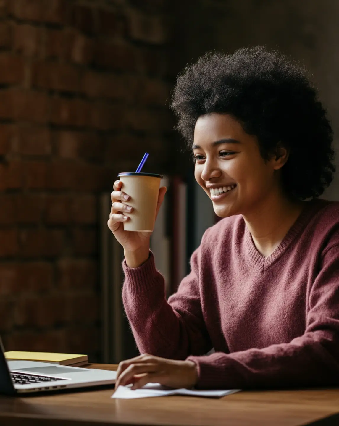 Student sat in front of laptop, watching a masterclass online, holding cup of coffee