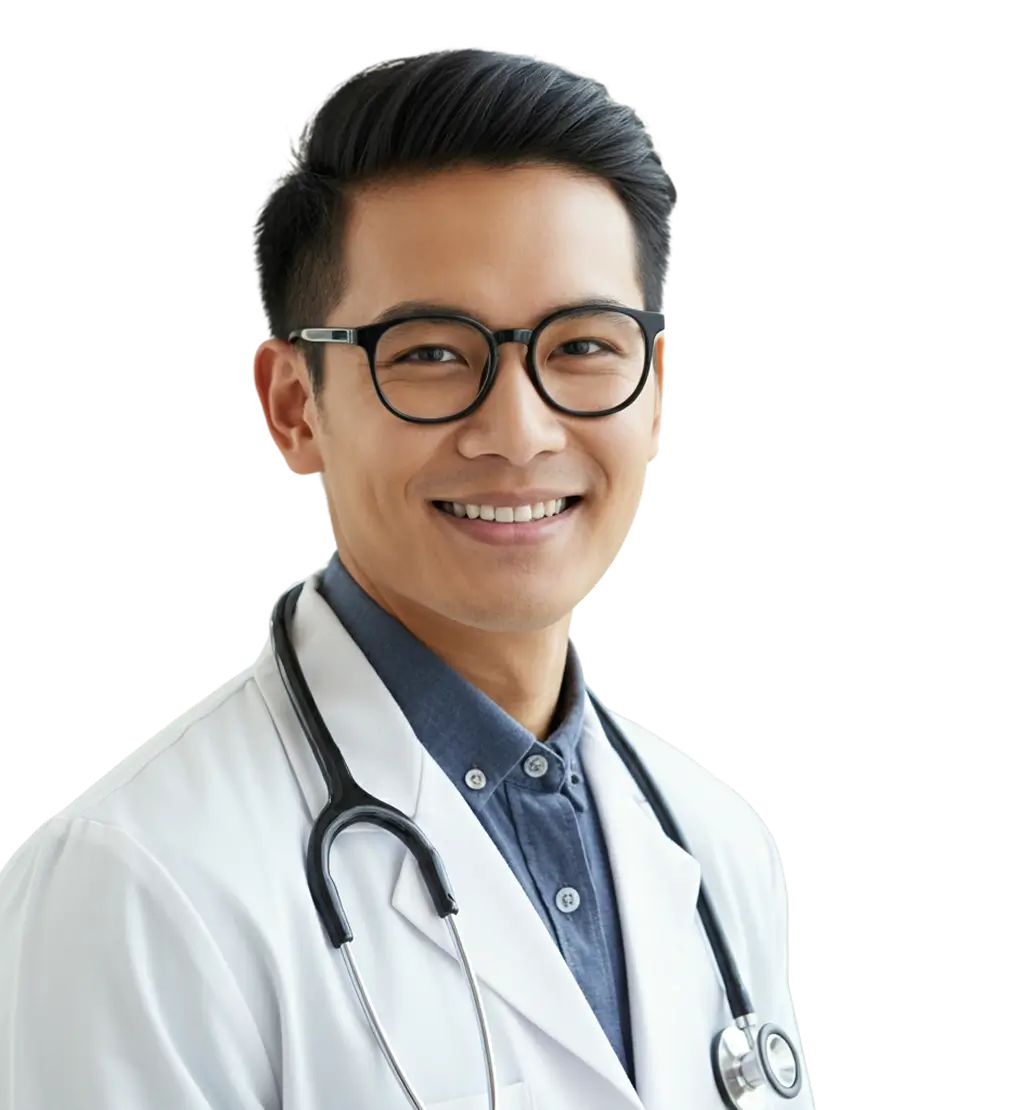 Medical student wearing glasses, in a white coat with stethoscope around neck